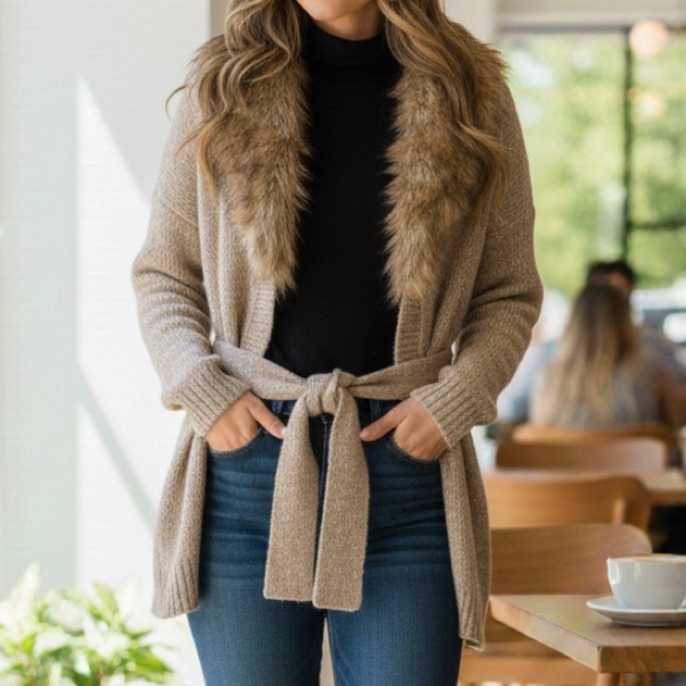 CHARTER CLUB Women’s Chinchilly Cozy Knit Faux-Fur-Trim Wrap Cardigan
